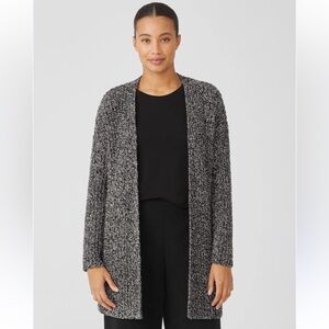 Eileen Fisher Organic Cotton Boucle Open Front Cardigan Womens L Black & Beige